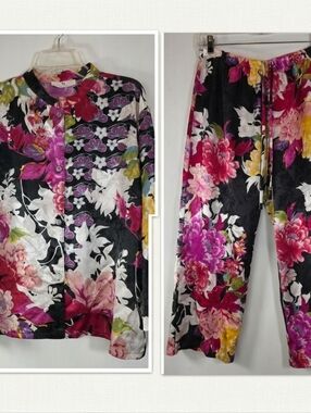 Natori Floral Satin Pajama Set - Top & Wide Leg Pants